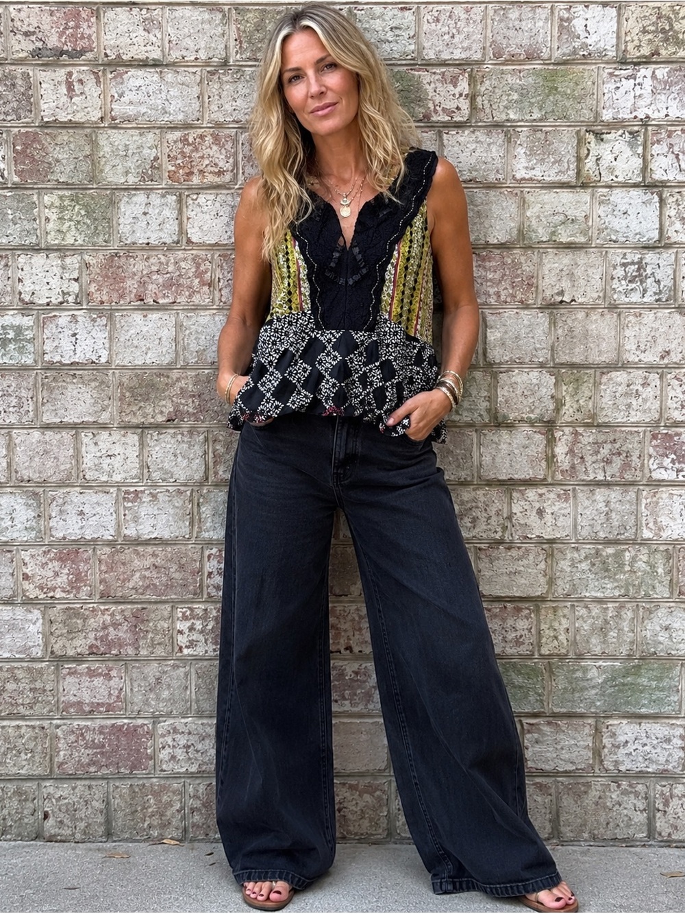 Anthropologie Meadow Rue Stitched Tile Boho Peplum Tank M